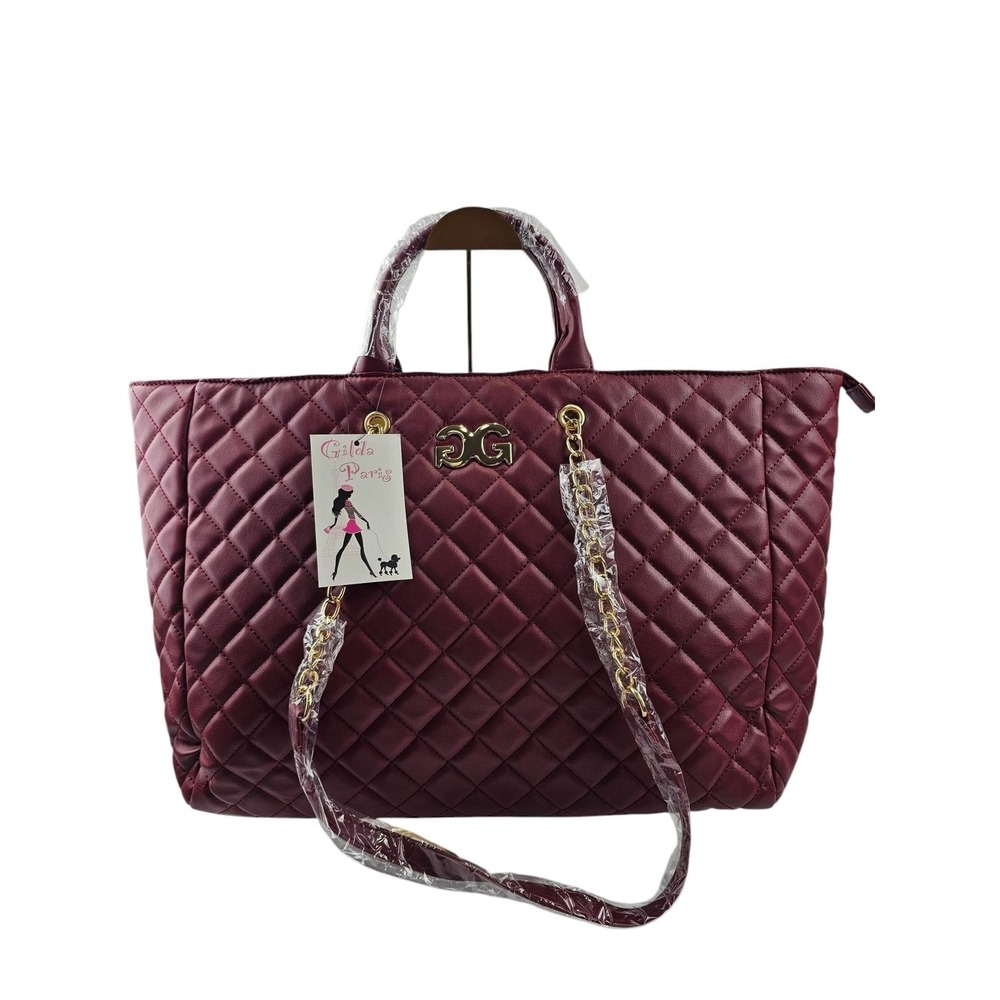 Gilda Paris Burgundy Quilted Tote Bag with Chain Accent Designer Inspired NWT - Picture 3 of 14